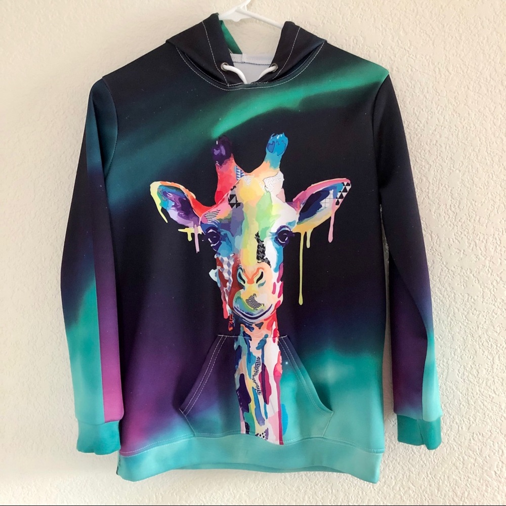 NWOT 3D All Over Print Graphic Multi Color Giraffe Hoodie Youth Sz 12 XXL